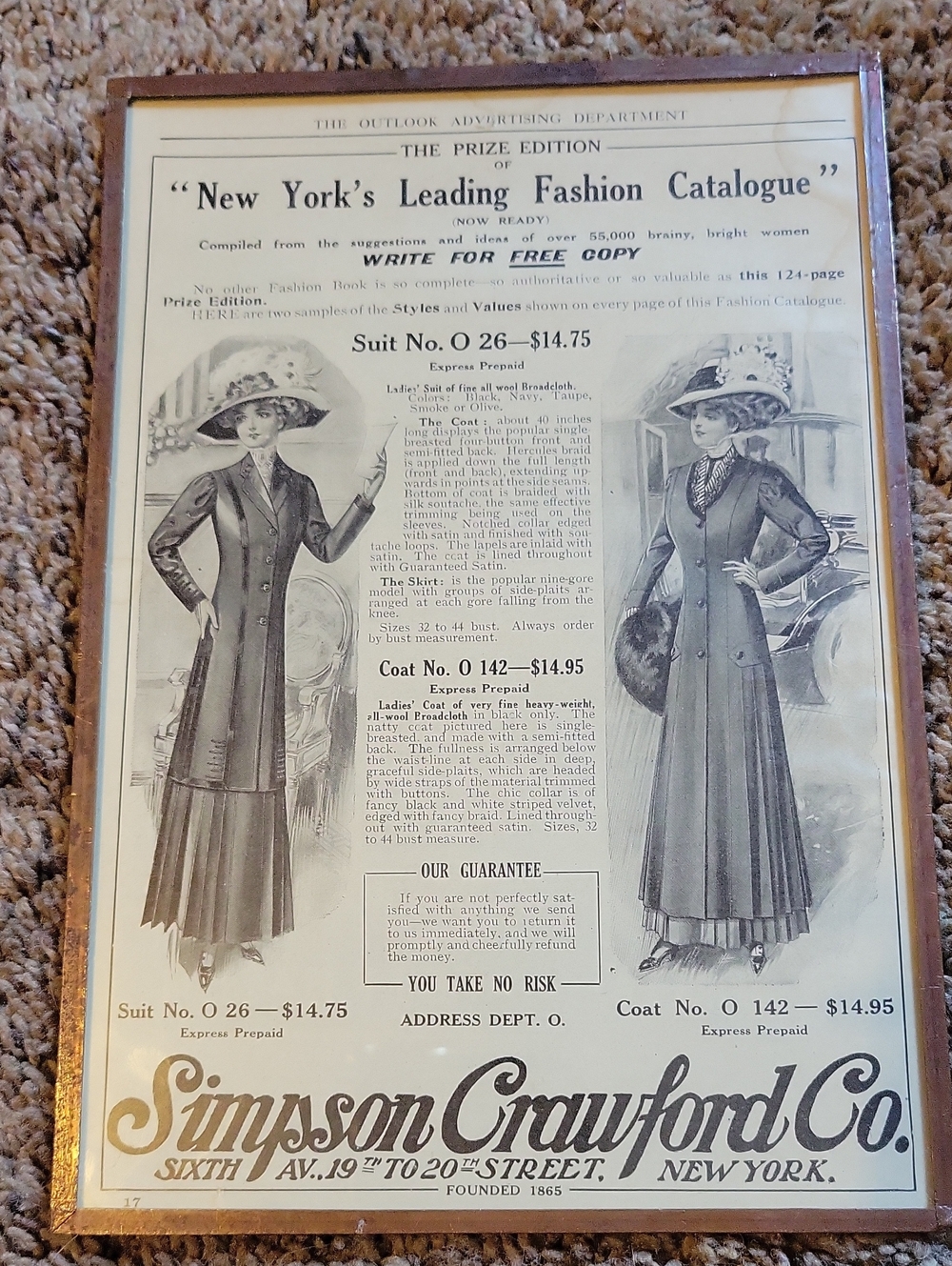 Simpson Crawford Co. Framed Fashion Catalogue Art - Black & Cream